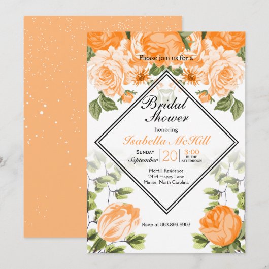 Invitation Fête des mariées - Orange Floral (Devant / Derrière)