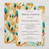 Invitation Fête des mariées Orange Turquoise Peacock Feathes (Devant / Derrière)