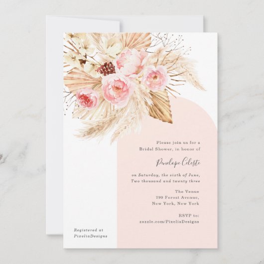 Invitation Fête des mariées Pampas Florale Arch Boho Rose Mod (Devant)