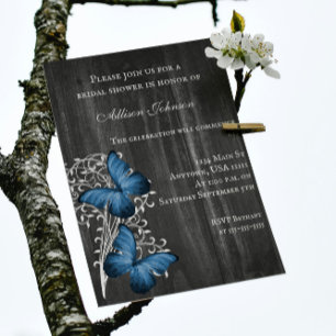 Invitation Fête des mariées papillon bleu rustique