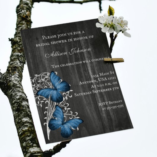 Invitation Fête des mariées papillon bleu rustique