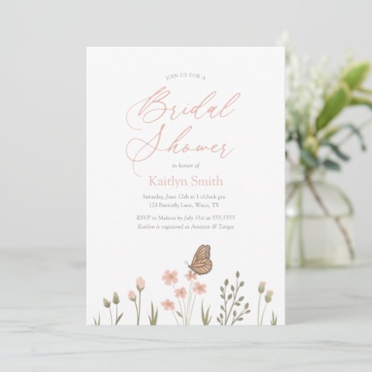 Invitation Fête des mariées papillon rose (Debout devant)