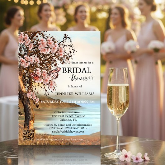 Invitation Fête des mariées papillon rose cerise en fleur