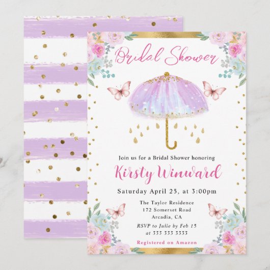 Invitation Fête des mariées parapluie de printemps pourpre d' (Devant / Derrière)