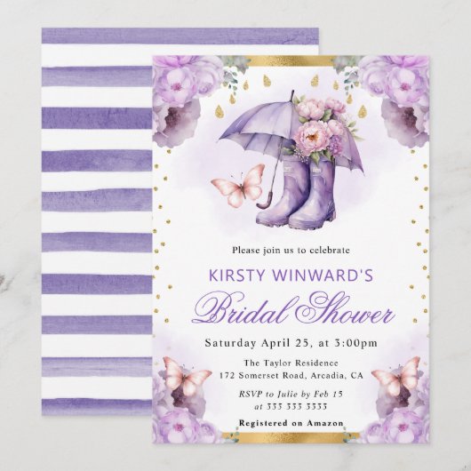 Invitation Fête des mariées parapluie de printemps violet et  (Devant / Derrière)