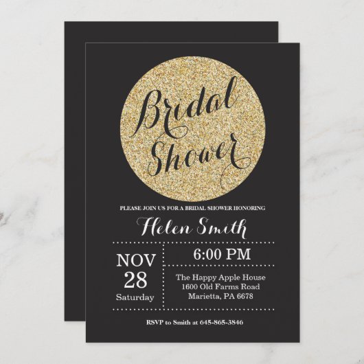 Invitation Fête des mariées Parties scintillant noire et or I (Devant / Derrière)