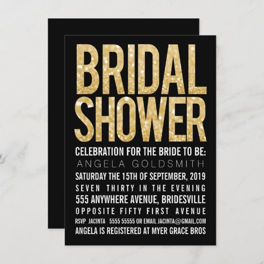 Invitation Fête des mariées Parties scintillant or noir et bl (Devant / Derrière)