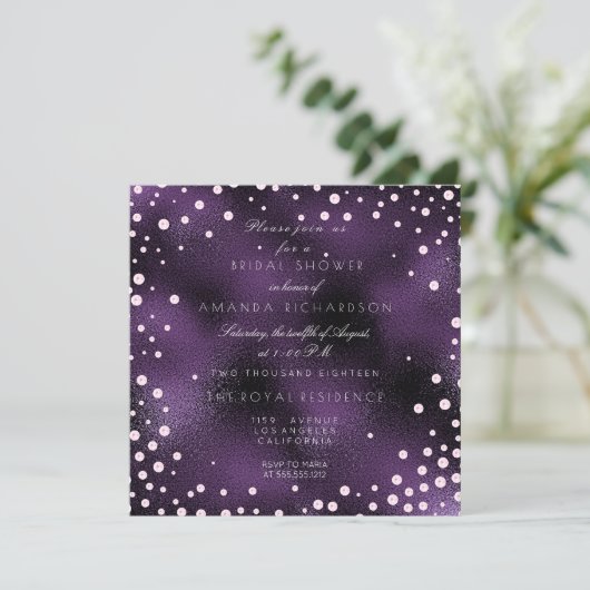 Invitation Fête des mariées Perles Confetti en Verre Violet R (Debout devant)