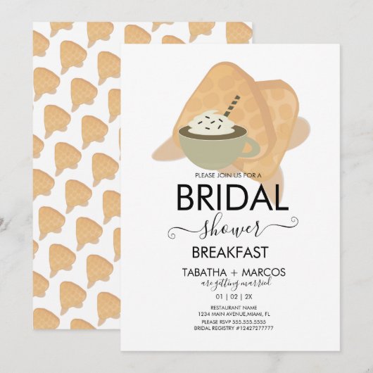 Invitation Fête des mariées Petit déjeuner gaufres Brunch Caf (Devant / Derrière)