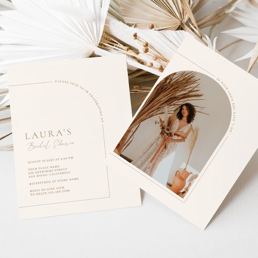 Invitation Fête des mariées photo à arc minimal neutre