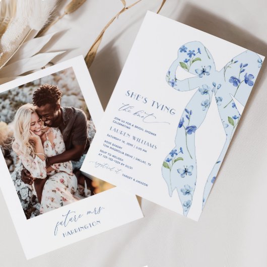 Invitation Fête des mariées photo chic Dusty Blue Tying