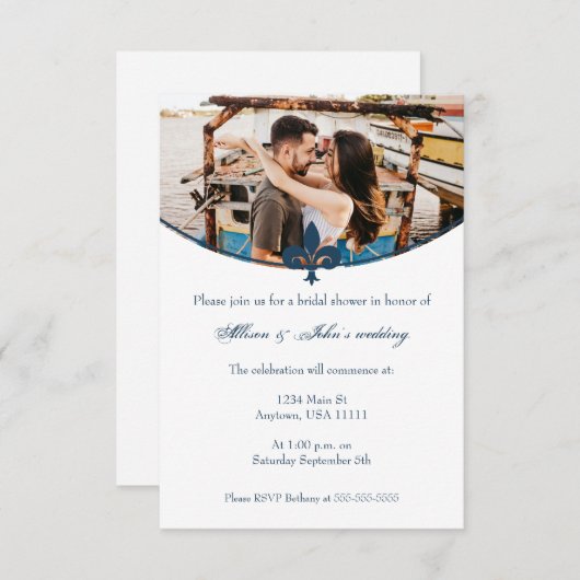 Invitation Fête des mariées photo Fleur de Lis bleu foncé Inv (Devant / Derrière)