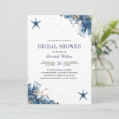 Invitation Fête des mariées photo Nautical Navy Blue Starfish (Debout devant)