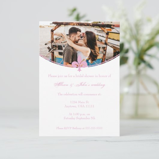 Invitation Fête des mariées photo Pink Fleur de Lis Invitatio (Debout devant)