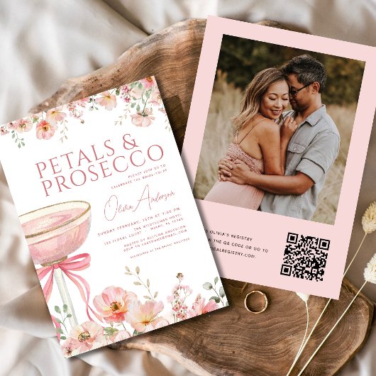 Invitation Fête des mariées photo QR Code Petals & Prosecco