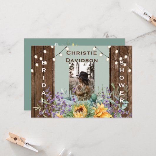 Invitation Fête des mariées photo Rustic Sunflower Lights (Devant/Arrière en situation)