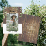 Invitation Fête des mariées photo Rustic Wood Bride<br><div class="desc">clôture en bois. Éclairage à cordes. Feuillage et verdure. Informations sur le dos. Rustique. Photo de mariée.</div>