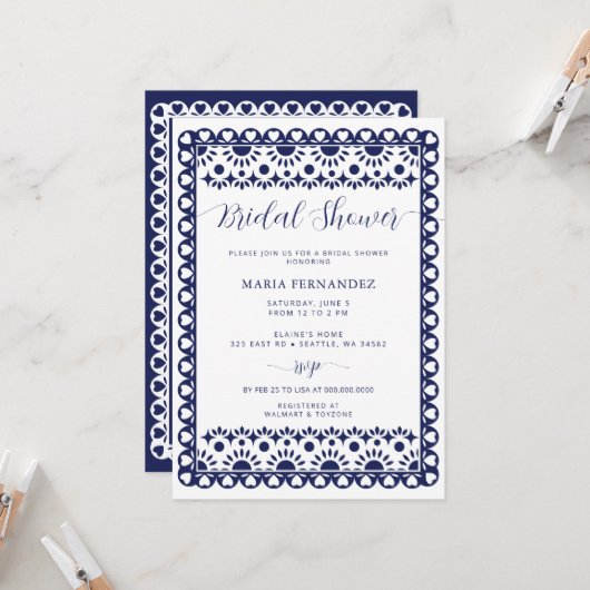 Invitation Fête des mariées Picado Boho de la marine mexicain (Devant/Arrière en situation)