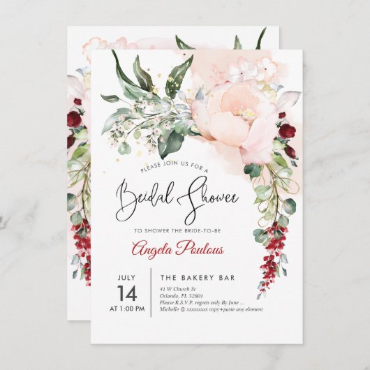 Invitation Fête des mariées PixDezines Blush Watercolor Flowe (Devant / Derrière)