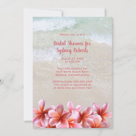 Invitation Fête des mariées Plage de sable rose Plumeria (Devant)