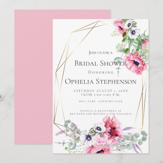 Invitation FÊTE DES MARIÉES | Poppies d'aquarelle rose (Devant / Derrière)