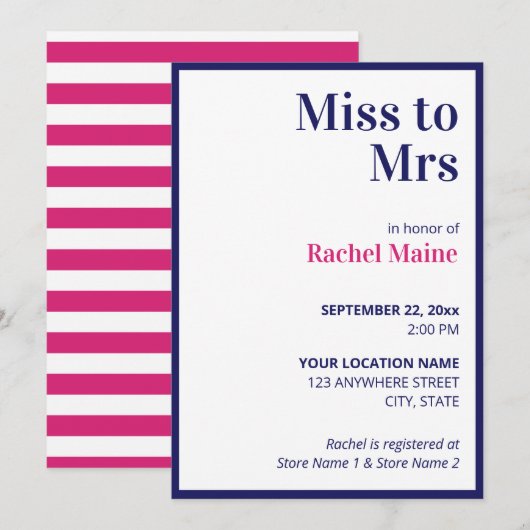 Invitation Fête des mariées Preppy Bold Blue & Pink Stripes (Devant / Derrière)