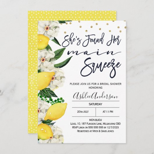 Invitation Fête des mariées principale au citron floral moder (Devant / Derrière)