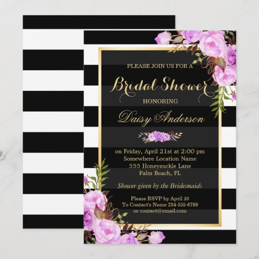 Invitation Fête des mariées Purple Floral Gold Frame Stripes (Devant / Derrière)