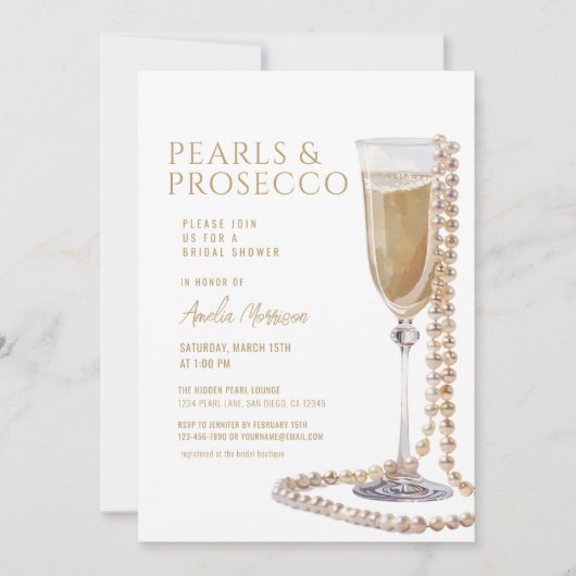 Invitation Fête des mariées QR Code Pearls et Prosecco (Devant)