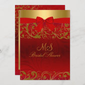 Invitation Fête des mariées Red Gold Swirl & Bow Annonces (Devant / Derrière)