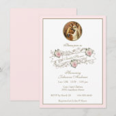 Invitation Fête des mariées religieuse catholique rose or flo (Devant / Derrière)