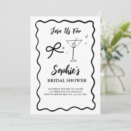 Invitation Fête des mariées rétro Black Wavy, Cravate Martini (Debout devant)