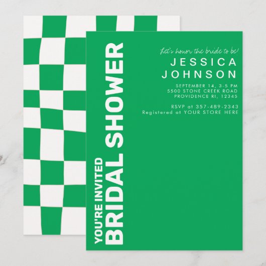 Invitation Fête des mariées Retro Kelly Green White Checkerbo (Devant / Derrière)