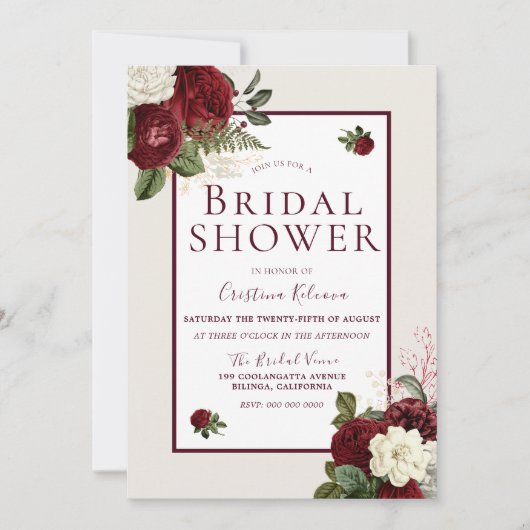 Invitation Fête des mariées romantique Bourgogne blanche Fleu (Devant)