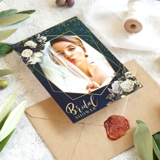 Invitation Fête des mariées Romantique Floral Gold Wreath Pho