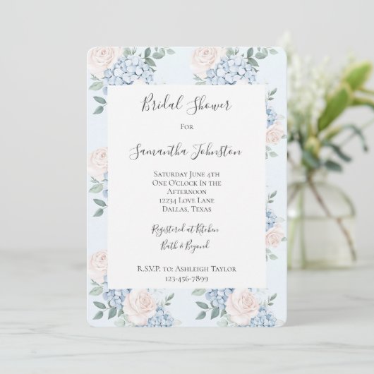 Invitation Fête des mariées romantique rose bleu Fleurs (Debout devant)