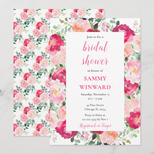 Invitation Fête des mariées Romantique rose Roses Fleurs (Devant / Derrière)