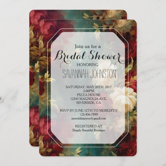 Invitation Fête des mariées romantique Rouge Blanc Fleurs (Devant / Derrière)