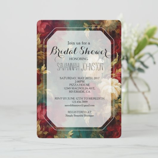 Invitation Fête des mariées romantique Rouge Blanc Fleurs (Debout devant)