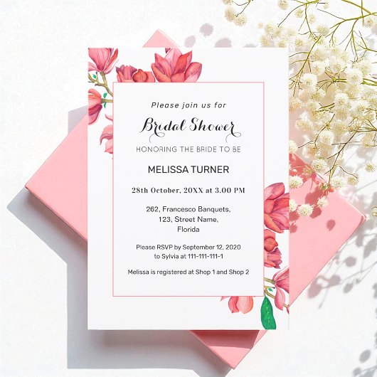 Invitation Fête des mariées rose blanc floral Magnolia