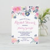 Invitation Fête des mariées rose bleu marine Floral Invitatio (Debout devant)