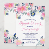 Invitation Fête des mariées rose bleu marine Floral Invitatio (Devant / Derrière)