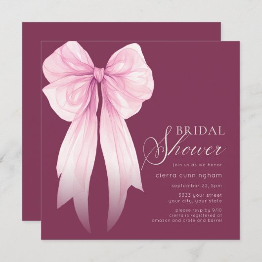 Invitation Fête des mariées rose Coquette Bow (Devant / Derrière)