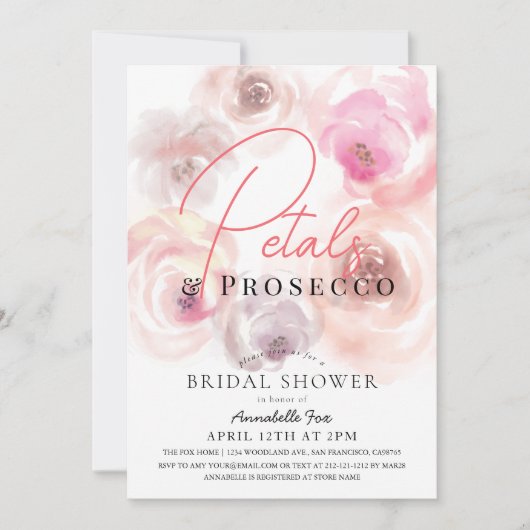 Invitation Fête des mariées Rose d'aquarelle Petals & Prosecc (Devant)
