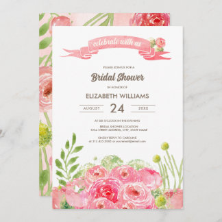 Invitation Fête des mariées Rose d'aquarelle romantique