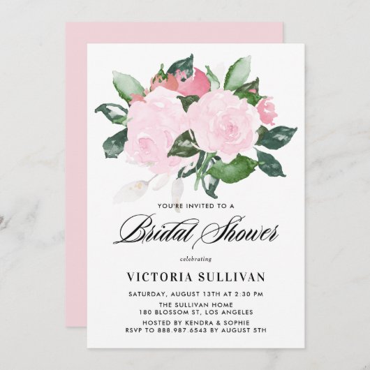 Invitation Fête des mariées Rose d'aquarelle rose doux (Devant / Derrière)