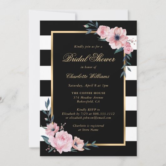 Invitation Fête des mariées rose Floral Gold Black Stripes (Devant)