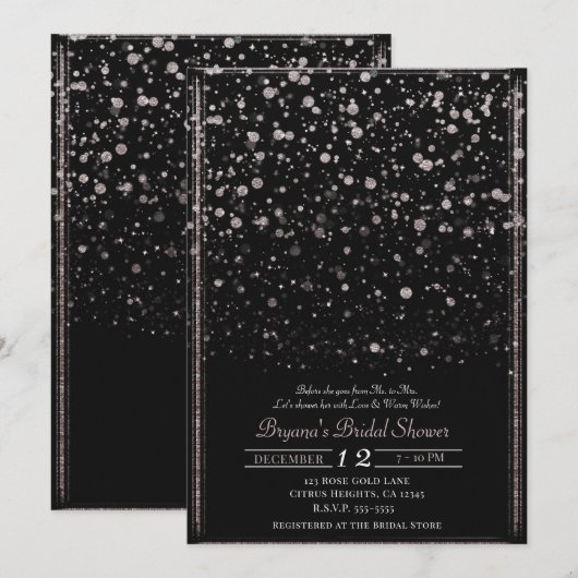Invitation Fête des mariées rose Gold & Black Confetti Splatt (Devant / Derrière)
