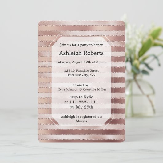 Invitation Fête des mariées rose Gold Blush Pink Stripes Glit (Debout devant)