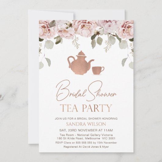 Invitation Fête des mariées rose Gold Boho Floral Tea Party (Devant)